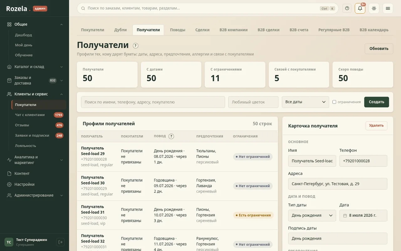 Интерфейс CRM и карточки клиента Rozela